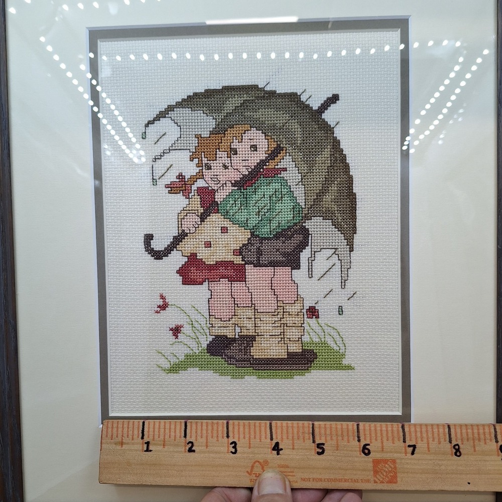 Vtg Finished Needlepoint GIRL BOY UMBRELLA Folk Art Sampler Embroidery Framed - Picture 8 of 9